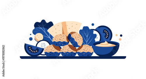 Healthy Appetizers Platter with Hummus Dip and Veggies | Flat Illustration