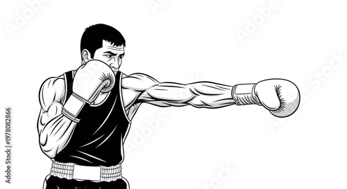 Muscular Boxer Throwing a Punch in Black and White Illustration