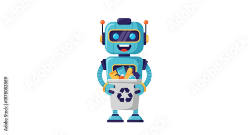 Happy Blue Robot Holding Recycling Bin with Trash - AI, Automation, Eco Concept