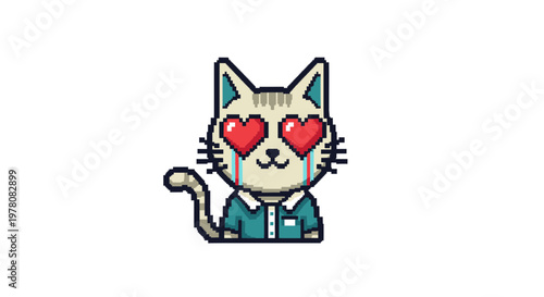 Pixel Art Cat with Heart Eyes Crying Tears of Joy, Kawaii Style