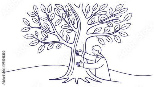 Person embracing a large tree with leafy branches, symbolizing connection and nature.