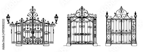 Gate set with ornate hand‑drawn line art featuring wrought iron, gate, ironwork with sophistication and intricate classic detail