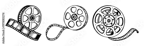 Film reel set with hand‑drawn line art depicting an old film reel and strip on white background featuring film, cinema, vintage with illustration and vector