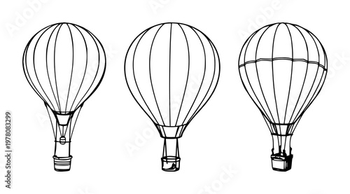 Hot air balloon set with sketchy line art design featuring ropes, basket, transportation with travel and adventure