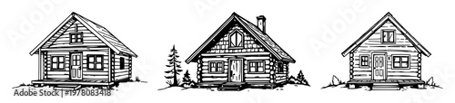 A-frame cabin set with sketchy black line art design featuring hand-drawn style, vintage architecture, isolated building with forest house and rustic dwelling