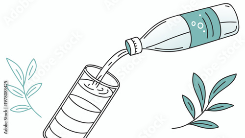 Refreshing water poured from a bottle into a clear glass with decorative leaves