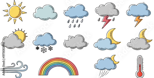 Hand-drawn weather icons set, 14 colorful doodle vector elements, meteorology symbols for sun, rain, storm, and rainbow, playful sketch forecast graphics