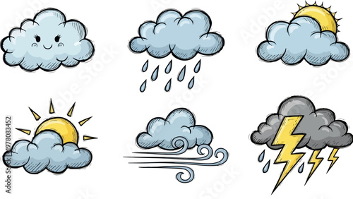 Hand drawn weather icons set, cute cartoon cloud and sun illustrations, 6 vector weather forecast symbols for children education and mobile apps
