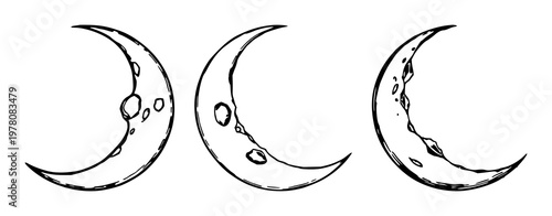 Crescent Moon set with rough hand-inked line art featuring craters, night sky, whimsical illustration with black and white and minimalistic design