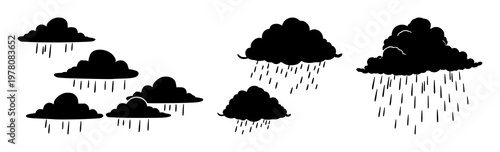 Rain clouds set with dark black silhouette shapes featuring cumulus, nimbus, stormy with weather and natural phenomena