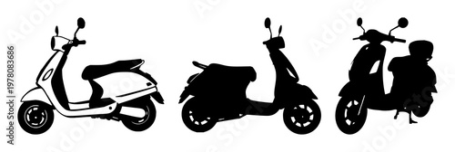 Scooter set with black silhouette on white background featuring scooter, silhouette, urban transport with minimalist and monochrome