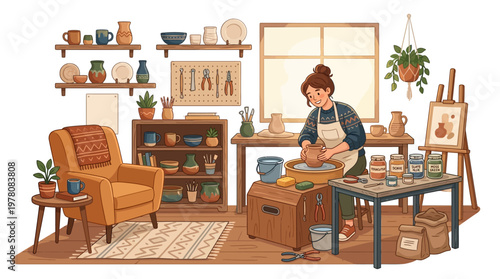 Woman working with clay pottery.