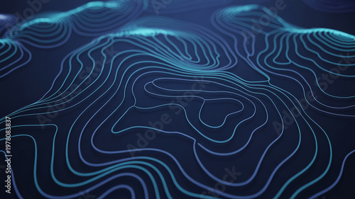 Dark blue abstract background with glowing cyan contour lines representing topography.