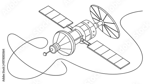 Futuristic satellite with solar panels orbiting in space, conveying communication and technology