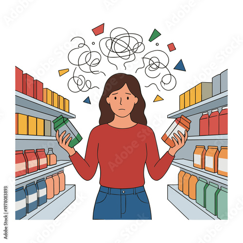 Woman stands in grocery store aisle confused holding bottles of food
