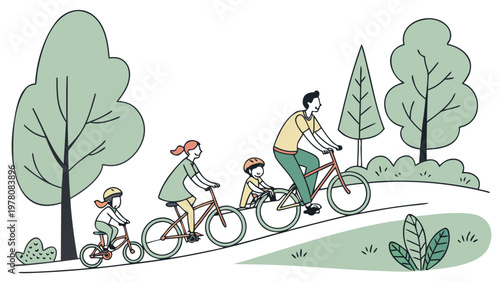 Joyful family enjoys a sunny bike ride through a lush park, creating happy memories together.