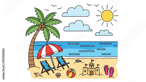 Sunny Beach Scene Illustration – Tropical Summer Vacation with Palm Tree Umbrella Deck Chairs and Sandcastle