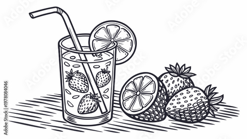 Refreshing strawberry and citrus drink with fresh fruit garnish