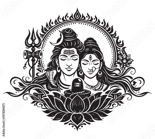 Lord Shiva and Goddess Parvati line art illustration with Trishul, Lingam and Lotus flower for tattoo and meditation design.