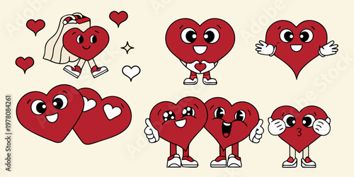 Cartoon hearts celebrating love and marriage with playful expressions