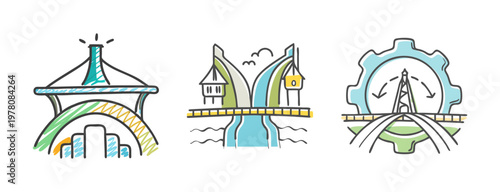 Industrial infrastructure icons set, hand drawn bridge and factory engineering symbols, urban construction and energy production vector illustrations