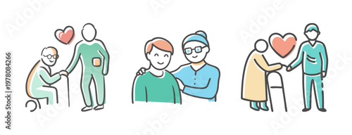 Elderly care line art icons, senior assistance and nursing home support vector set, geriatric healthcare and social service illustrations