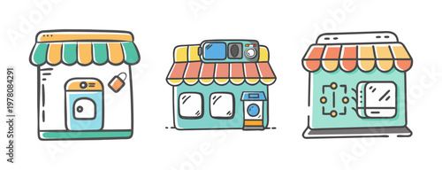 Laundry shop icons set, self-service laundromat storefront illustrations, colorful washing machine business buildings, 3 vector elements