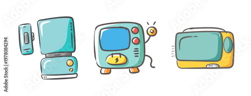 Retro cartoon electronics set, vintage television and radio vector icons, hand-drawn nostalgic media equipment in teal and yellow colors
