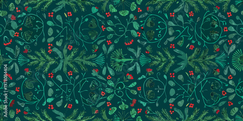 Intricate botanical illustration with hidden faces amid lush greenery