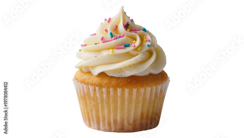 Creamy frosted cupcake with pink sprinkles on paper liner