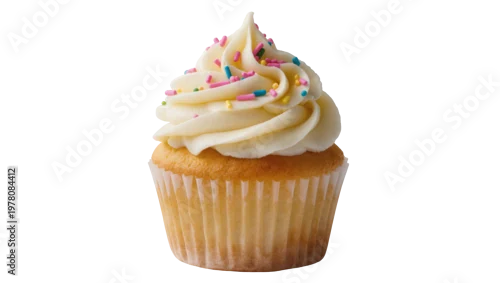 Obraz  z motywem Creamy frosted cupcake with pink sprinkles on paper liner