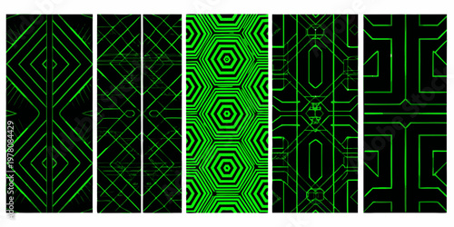 Abstract geometric patterns in vibrant green and black repeated tiling