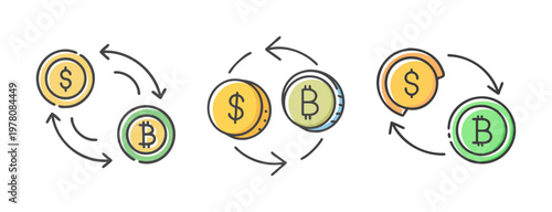 Cryptocurrency exchange icons, digital money transfer, bitcoin and dollar coin vector set