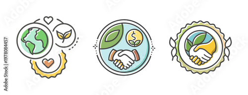 Sustainable business icons, eco friendly partnership symbols, 3 green vector elements