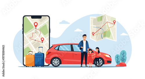 Happy family prepares for a road trip next to their red car with luggage and a smartphone showing GPS map navigation.