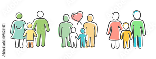 Family icon set, colorful line art people symbols, parent and child vector illustrations