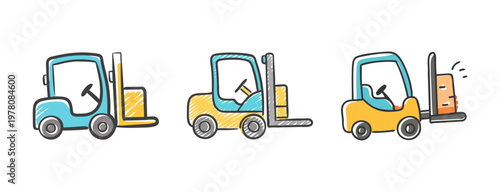 Hand drawn forklift truck vector set, warehouse logistics machinery icons, industrial lift equipment with cargo boxes, blue and yellow loader vehicles