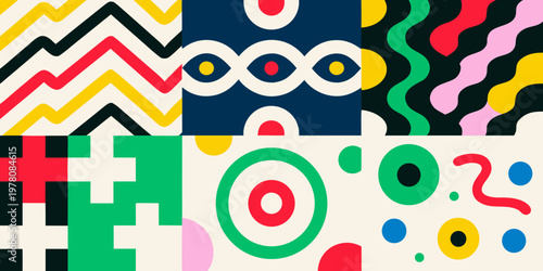 Colorful abstract patterns arranged in a nine panel grid formation