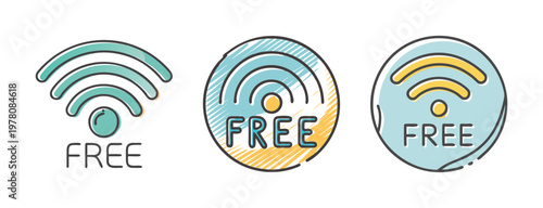 Free wifi icon set in flat line style, wireless internet signal symbols for public hotspots, blue and yellow wifi connection stickers for cafe and retail