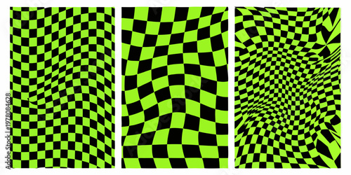 Three vertically arranged panels with distorted green and black checkerboard patterns