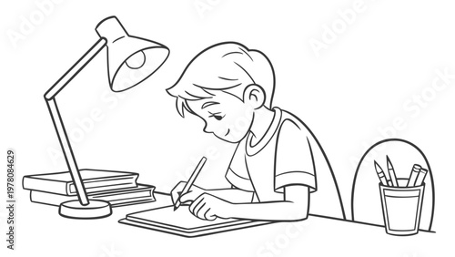 Young boy focused on homework at a desk illuminated by a lamp
