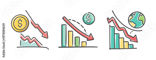 Financial crisis icons with falling market charts, economic recession symbols with red arrows, global inflation and stock market crash vector set