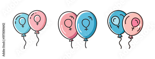 Gender reveal party balloons vector set, blue and pink balloons with male and female symbols, baby shower celebration icons for boy or girl
