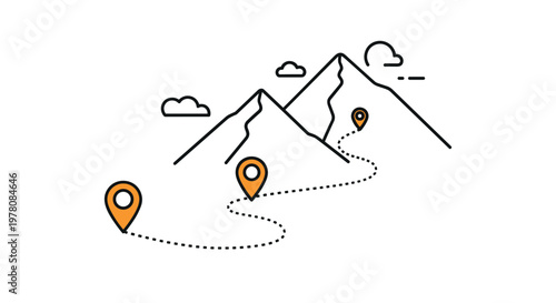 Minimalist line drawing shows a winding travel route with location pins passing through a majestic mountain landscape.