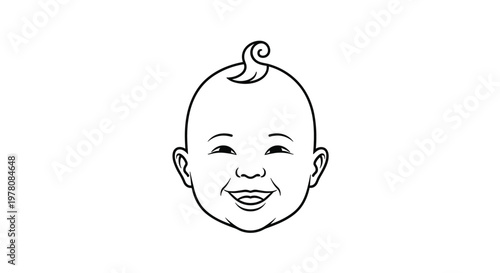 Adorable line art illustration depicts the happy and smiling face of a cute baby with a single curl of hair on top.