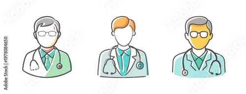 Medical doctor avatar icons set, professional healthcare worker characters with stethoscopes, flat line vector illustration of male physicians