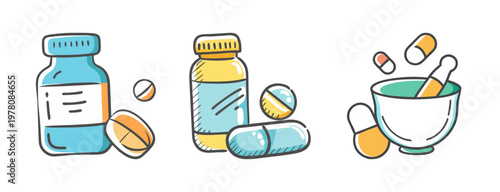 Hand drawn medical pills and medicine bottles vector set, pharmacy mortar and pestle with capsules, healthcare supplements and drug icons