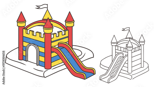 Colorful inflatable castle bounce house with slide next to a black and white outline version.