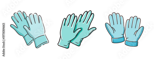 Light blue medical gloves vector set, protective nitrile surgical gloves in three pairs, hand drawn style latex safety equipment for healthcare