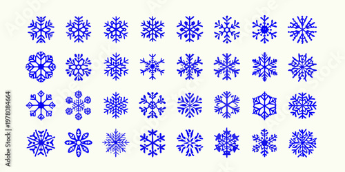 Collection of diverse blue snowflake illustrations arranged in a grid pattern